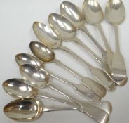 A set of five fiddle-handled silver table spoons and five matching sorbet spoons, all with