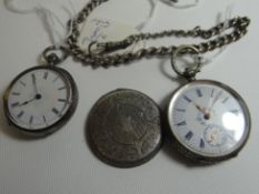 Two ladies silver antique pocket watches with chased cases (damage to one) and a loose silver Albert
