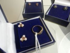 Three pairs of earrings and a 9ct yellow gold ring, 3.2gms