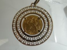 A gold full-sovereign, 1910 in a expansive open-work 9ct yellow gold pendant-mount, 15.17gms total