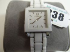 A Fendi Swiss-made ladies white wristwatch with square dial, box, papers and extra links (barely