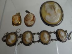 A cameo portrait brooch in silver rope-twist frame with matching bracelet composed of four cameo