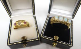 An 18ct yellow gold ring set with four opals (should be five); together with a 9ct yellow gold gypsy