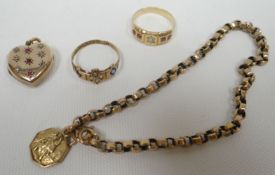 A parcel of yellow metal / 9ct yellow gold jewellery including two gemstone rings, St Christopher