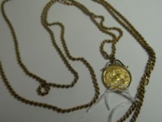 A 9ct yellow gold rope-twist lengthy necklace attached to a gold full-sovereign, 1913, total