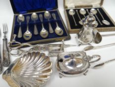A parcel of mixed silver and EPNS including cased spoons, silver pepperette and matching mustard pot