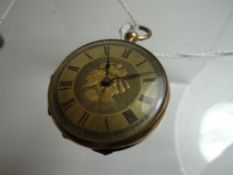 An 18k yellow gold floral engraved ladies pocket watch bearing Roman numerals to the brass dial with