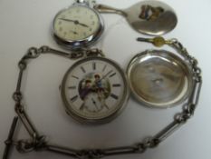 A key-wind silver pocket-watch with romantic vignette to the white enamel dial and attached to a