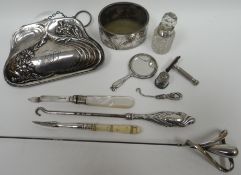A parcel of silver / part-silver ladies etui including an Art Nouveau silver purse with leather