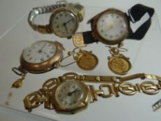 A pair of Mexican gold 'Dos Pesos' coin earrings in 9ct mounts; together with four 9ct cased