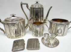 A silver cigarette cigarette case and another, a bright cut EPNS four-piece tea-service, an EPNS