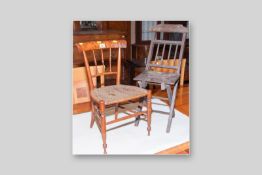 A 19th Century wicker seated child's chair, the back with turned spindle supports, turned front legs
