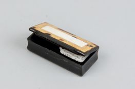 A 19th Century oblong lidded snuff box, the lid inlaid with ivory and tortoiseshell