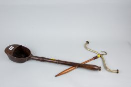 An antique tin and turned wood handled chapel collection utensil and an Edwardian turned mahogany