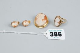 A fourteen carat gold framed lady cameo pendant with a nine carat gold oval lady cameo ring and a