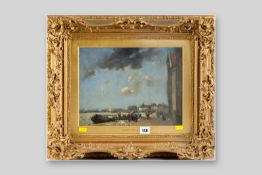 DUDLEY HARDY oil on canvas - Continental harbourside scene with numerous boats and figures, signed