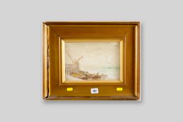 B L LUNA watercolour - dockside scene with boats and figures, signed, 6.75 x 9.75 ins (17 x 25 cms),