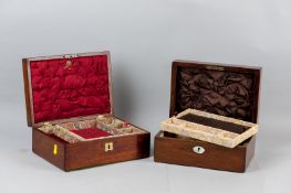 A Victorian mahogany sewing box with brass plaque marked 'Hutchins' and brass escutcheon, the lid