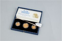 A cased UK 1988 gold proof three coin set of double sovereign, full sovereign and half sovereign, 28