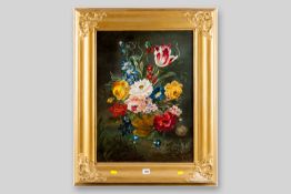 VAN JAKOB oil on board - still life, colourful flowers in a vase, signed, 23.5 x 17.5 ins (59 x 44