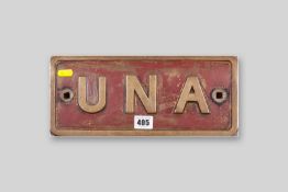 An original bronze engine name plate for 'Una' from Pen-yr-Orsedd Quarry in the Nantlle Valley, this