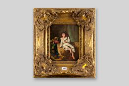A 20th/21st Century oil on board - two children playing, in conversation in an ornate reproduction