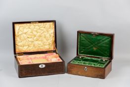 A 19th Century rosewood jewellery case, pewter line inlaid with mother of pearl cartouche and