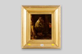 ARTHUR CLAUDE COOKE oil on canvas - seated gentleman by a fire smoking a pipe, signed, 11.5 x 9.5
