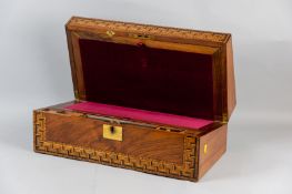 A 19th Century walnut and parquetry crossbanded writing slope with brass nameplate and escutcheon,