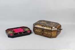 A Victorian Chinese export lacquer work box with metal carrying handles, typically decorated