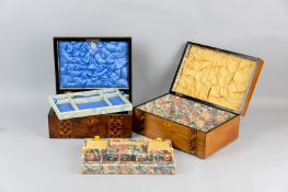 A Victorian walnut and Tunbridge ware inlaid sewing box with multi-compartmented tray interior, 5