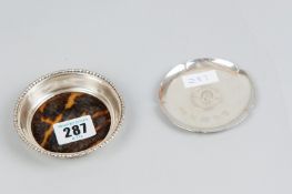 A circular silver and tortoiseshell dish, Birmingham 1923 and a silver 1977 circular Jubilee dish,