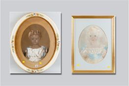A watercolour and gouache portrait in oval format of a little blonde haired girl, 17 x 12.5 ins (