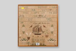 A framed alphabetic sampler by Agnes McDougal, dated 1834 above a series of flower filled