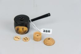 A mauchline ware novelty lidded saucepan with oval panel scene of Canterbury Cathedral and a