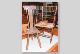 A 19th Century oak and rush seated armchair with spindle decoration and an oak spinner's chair,