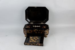 A 19th Century Oriental lacquerwork and gilt decorated sewing box, the interior fitted with