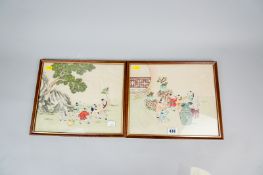 A pair of framed Chinese paintings on silk showing scenes of mischievous young boys, 9.75 x 11.75