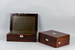 Two Victorian rosewood writing slopes with mother of pearl plaque and escutcheons, the sloped