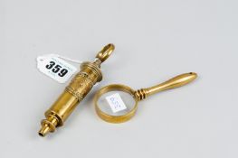 A small all brass domestic syringe by James Woolley & Sons, Manchester and a brass encased pocket