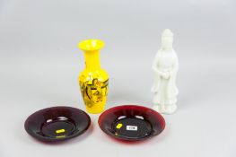 Four pieces of Peking glass, a yellow vase decorated with an elderly gentleman with children and a