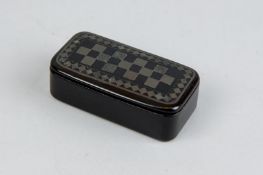 A 19th Century oblong papier mache and pewter inlaid lidded snuff box