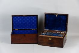 A Victorian rosewood toiletries fitted travel box with inset mother of pearl plaque and