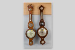 A Victorian mahogany banjo barometer and thermometer with swan neck pediment and a similarly dated