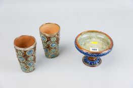 A pair of Doulton Lambeth beakers with silver plated rims, the bodies relief decorated with floral