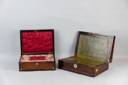 A Victorian rosewood and mother of pearl inlaid work/jewellery box with re-lined interior, 4.5 x