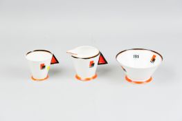 Three pieces of Shelley 'Mode' pattern teaware comprising of a cup, milk jug and sugar bowl, the cup