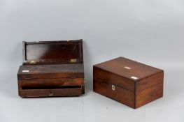A Victorian rosewood twin lidded writing box with reeded edge decoration and single bottom drawer, 4