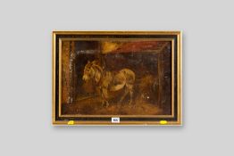 English Primitive School oil on canvas - a donkey in a stable, monogrammed bottom left, 11.5 x 17.