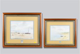 DIGBY PAGE watercolours, a pair - coastal scenes with figures and boats etc, 11.5 x 15.5 ins (29 x